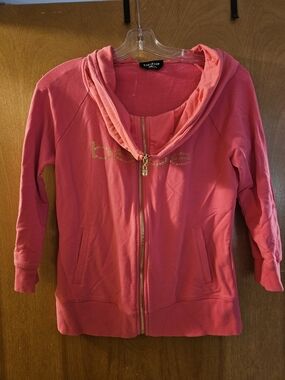 bebe Coral Pink Zip-Up Hoodie with Gold Logo Studs